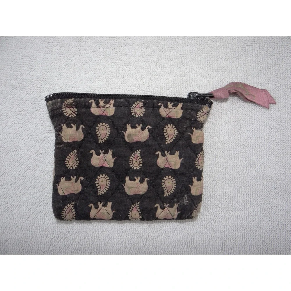 Vera Bradley Elephant Paisley Quilted Cotton Zip Coin Purse Pouch Black Pink - Picture 2 of 3